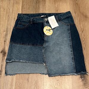 Hayden Denim Patchwork Mini Skirt - Dark and Light Blue Large